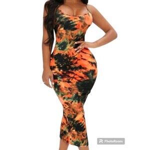 Women's Casual Long Spaghetti Strap Tie Dye Cami Bodycon Dress Size Large